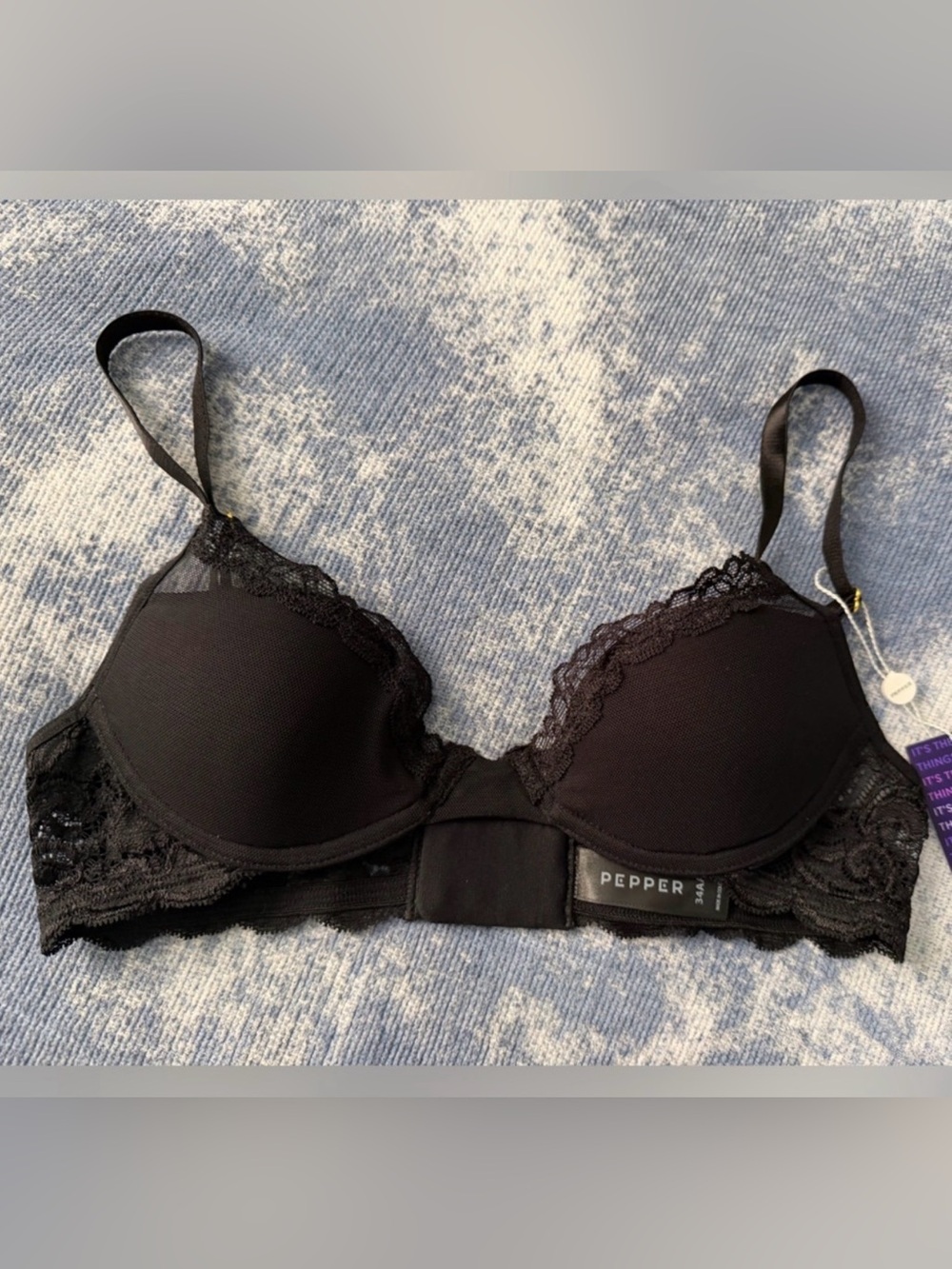 NWT Pepper Black Lace-Trim Underwire Bra Size 34AA
